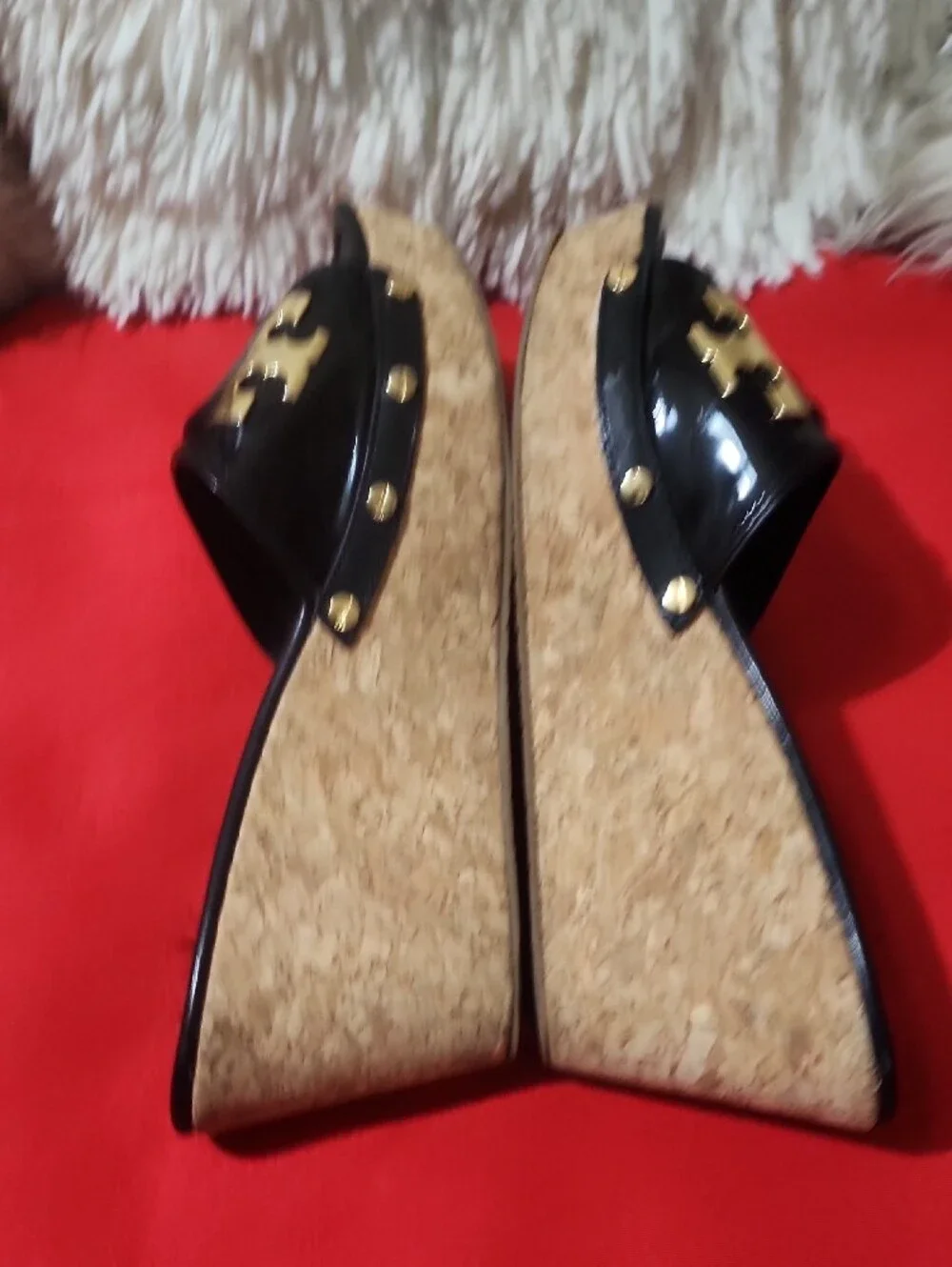 Tory Burch Pamela Black Patent Cork Wedge Slide Sandals with Gold Logo